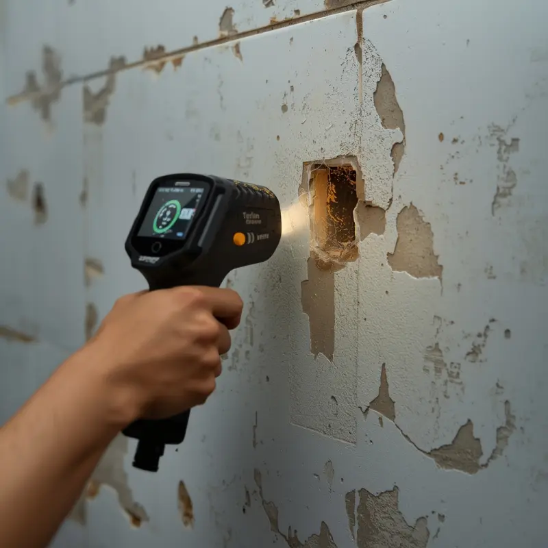 Penggunaan alat acoustics leak detector pada tembok kamar mandi yang rembes berjamur